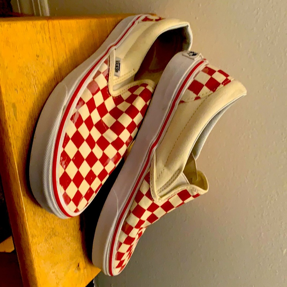 Red and white checkered Slip on Vans